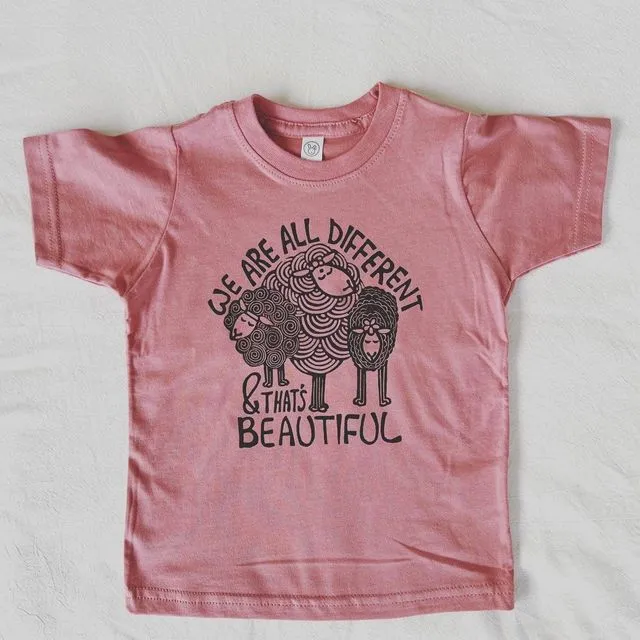 Different is Beautiful Kids Tee Shirt, Hippie Sheep Shirts. Mauve