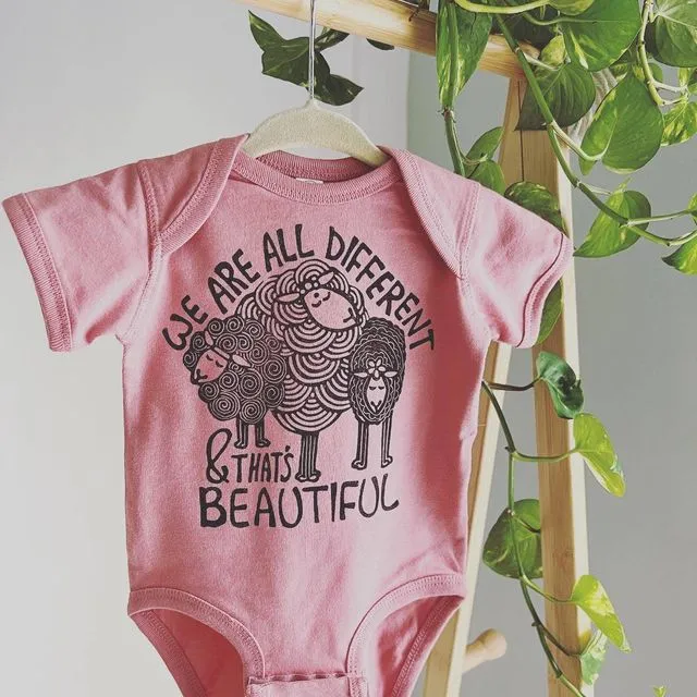 Different is Beautiful Baby Bodysuit, Sheep baby onesie, Mauve