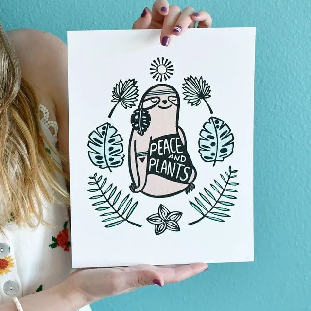 Free Spirit Sloth Art Print, Peace and Plants Wall Art