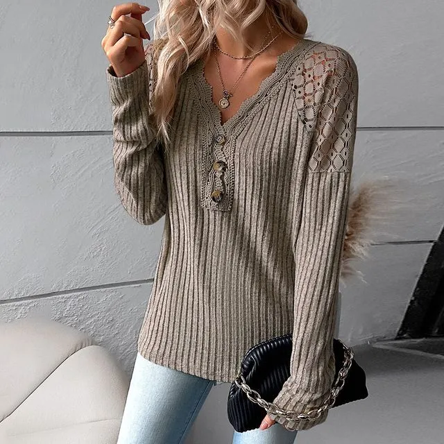Solid Color Long Sleeves V-Neck Patchwork Thin Knitted Sweater