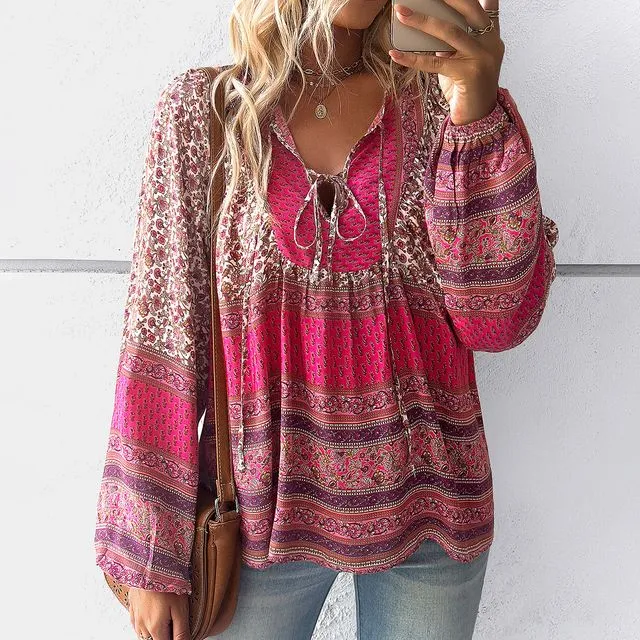 Long Sleeves V-Neck Printing Tied Casual Loose Pullover Blouse Top