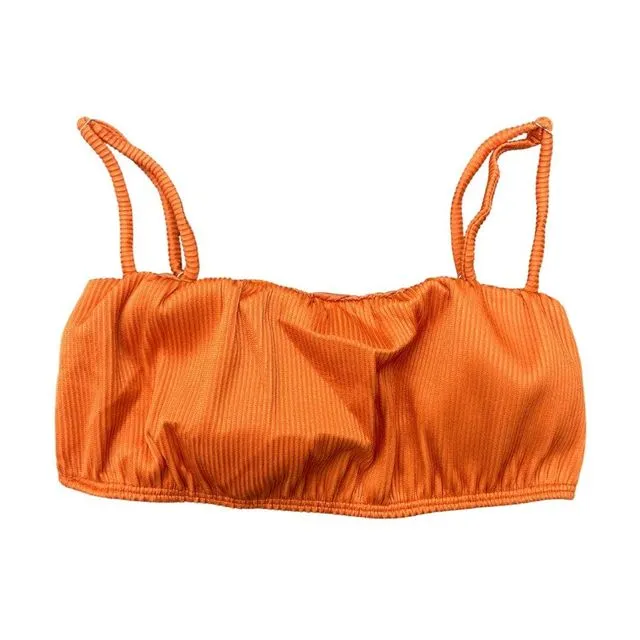 Ribbed Metallic Orange Adjustable Straps Brazilian Bikini Top