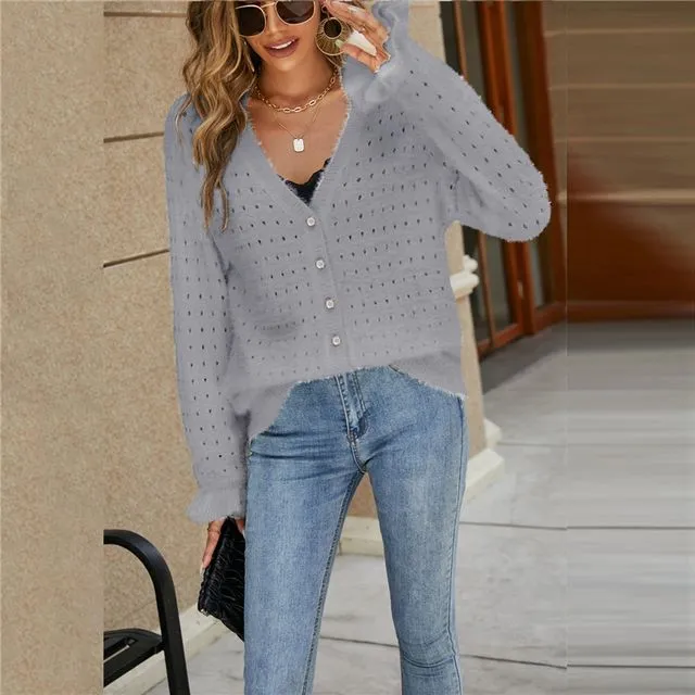 Solid Color Long Sleeves V-Neck Buttoned Hollow Knitted Cardigan Sweater - GRAY