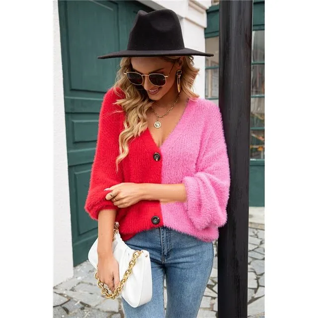 Casual Contrast V-Neck Buttoned Casual Loose Knitted Cardigan Sweater - ROSE RED