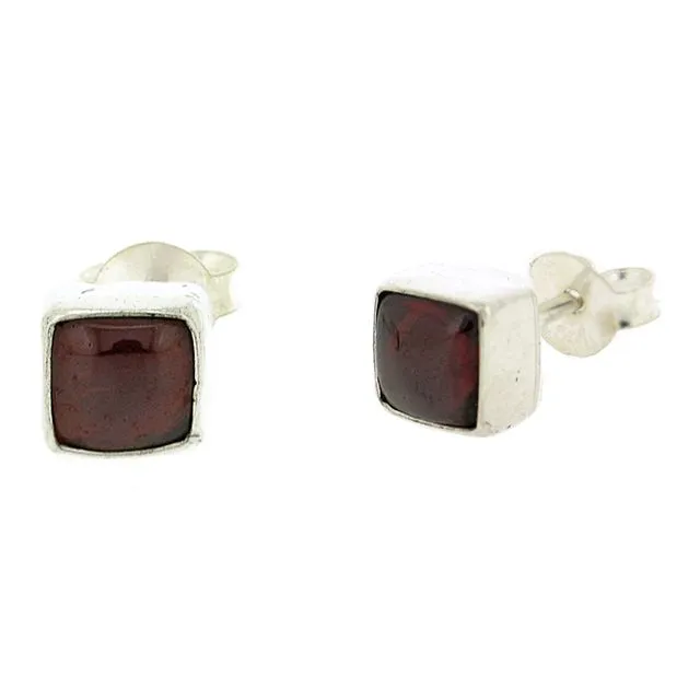 5mm Square Garnet Cabochon Stud Earrings and Presentation Box