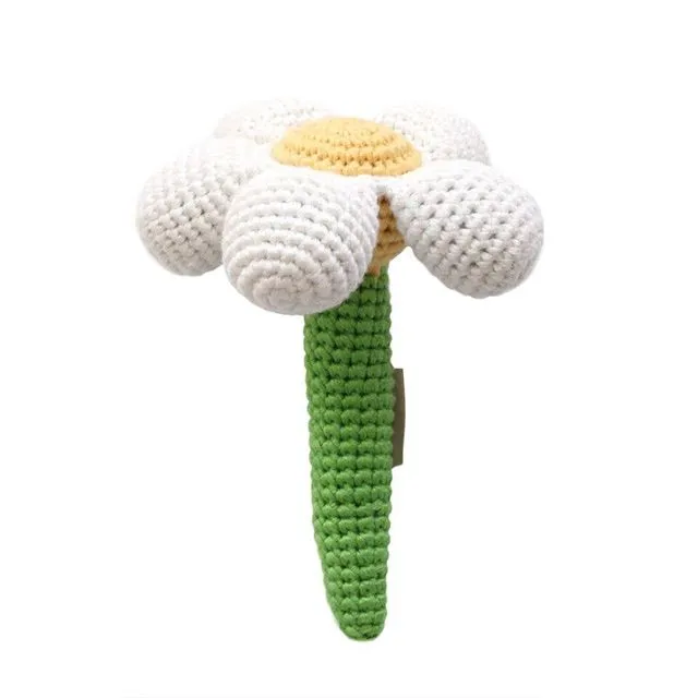 White Daisy Flower Stick Hand Crocheted Rattle