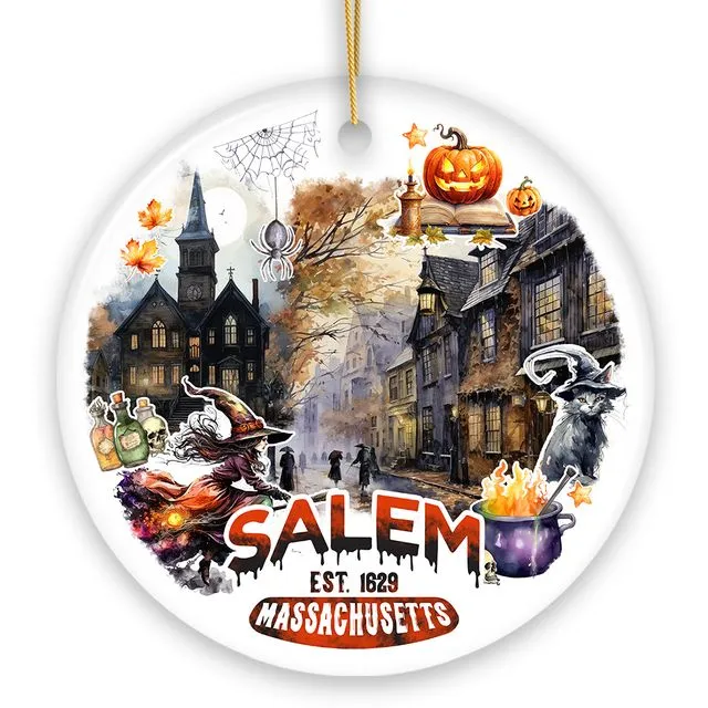Artistic Spooky and Classic Salem Massachusetts Ornament, Witches and Halloween Souvenir Gift