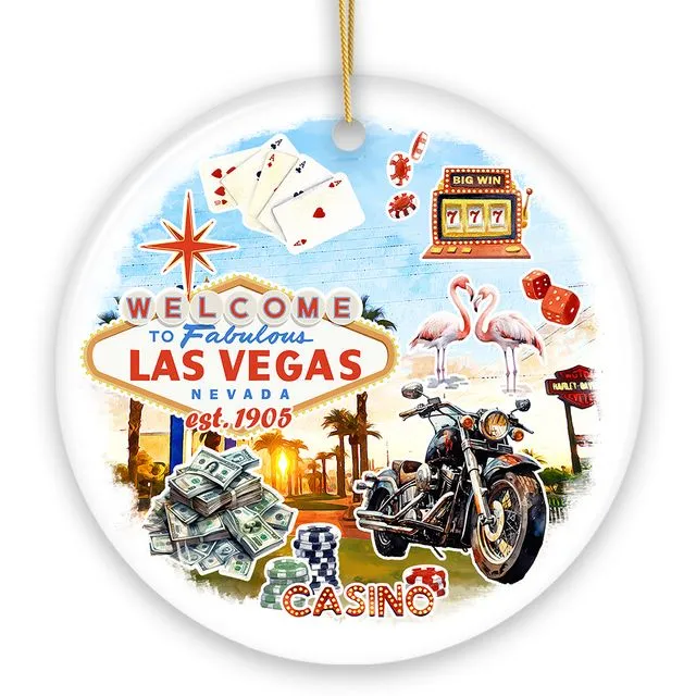 Artistic Las Vegas Collage Art Ceramic Ornament, Slot Machines Cards and Casino Travel Souvenir