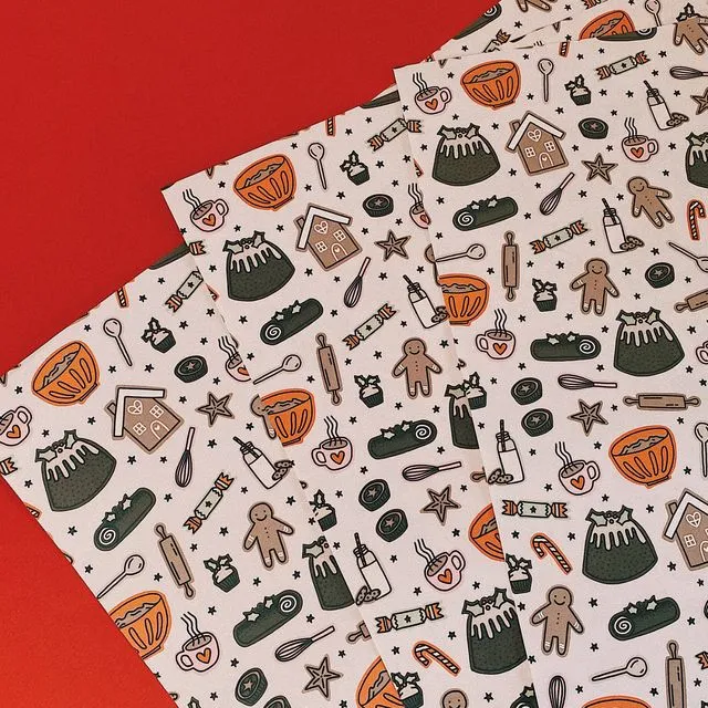 Christmas Illustrated Baking Pattern Wrapping Paper Sheets