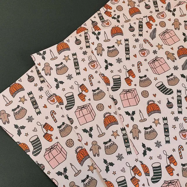 Cute Christmas Illustrated Pattern Wrapping Paper Sheets