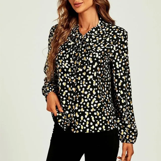 Gold Foil Leopard Print Pussybow Blouse/Top In Black