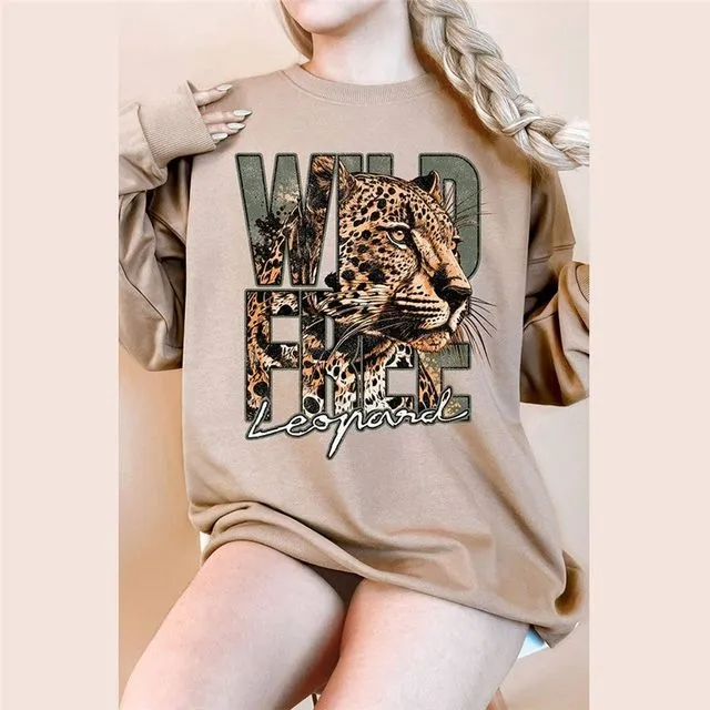 Wild And Free Leopard Graphic Oversized Terry Sweatshirts - KHAKI