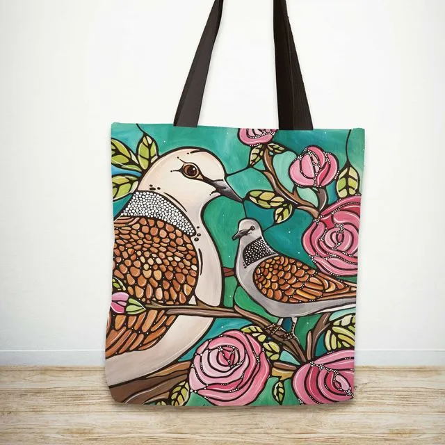 Doves & Roses Shoulder Bag, Bird & Flowers Canvas Handbag