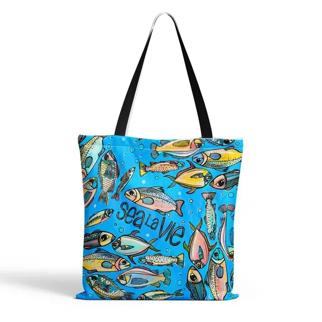 Fish Tote Bag. Sea La Vie Fun Coastal Beach Bag. Made in USA