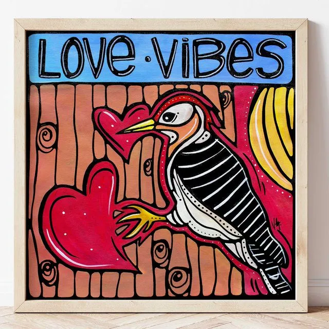 Love Vibes, Woodpecker in Forest Signed Paper Wall Art Print