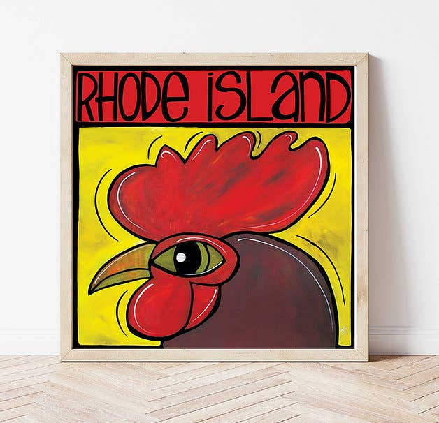 Rhode Island Chicken, Colorful Farm Rooster Signed Print.