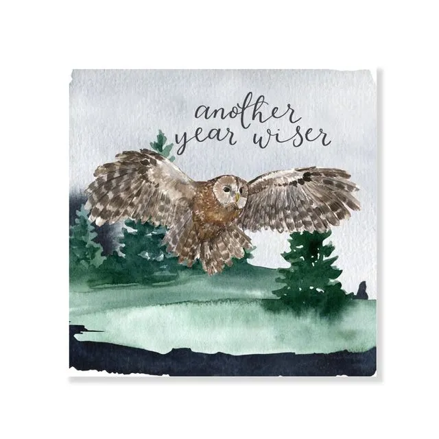 Another year wiser watercolour owl birthday card