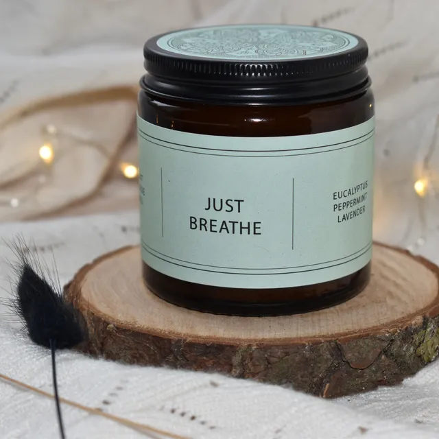 Aromatherapy Candle "Just Breathe" - 100g Rapeseed & Coconut Wax, Amber Glass