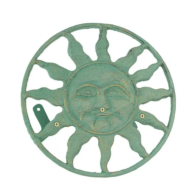 Cast Iron Sun Face Wall Mount Garden Hose Holder - Green