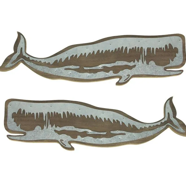 Set of 2 Wooden Sperm Whale Wall Plaques With Metal Accents