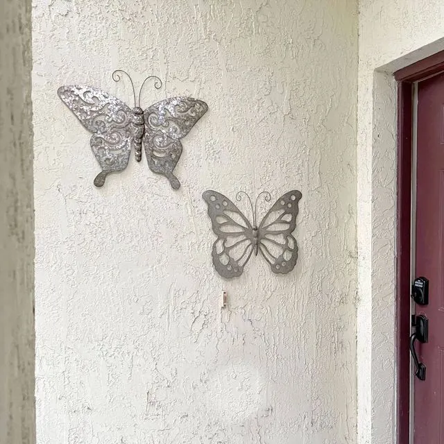Set of 2 Galvanized Finish Metal Art Butterfly Wall Hangings
