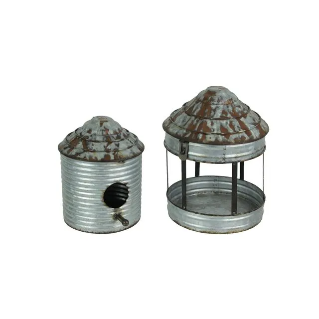 Set of 2 Galvanized Rustic Metal Bird Feeder And House
