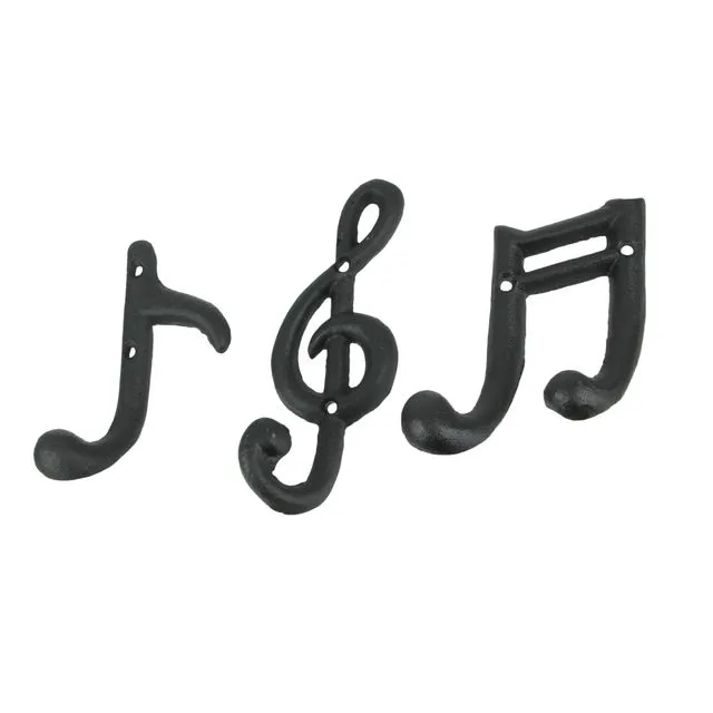 Set of 3 Cast Iron Musical Note Wall Hooks - Black