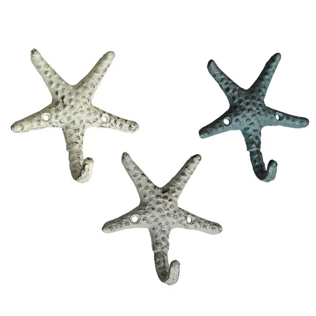 Set of 3 Cast Iron Nautical Starfish Decorative Wall Hooks