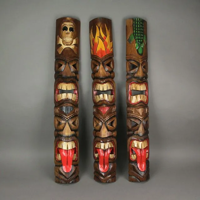 Set of 3 Double Tiki Mask Totem Hand Carved Wall Decor