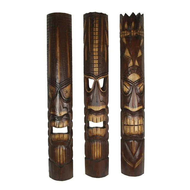 Set of 3 Natural Wood Hawaiian Tiki God Masks 100cm/39in