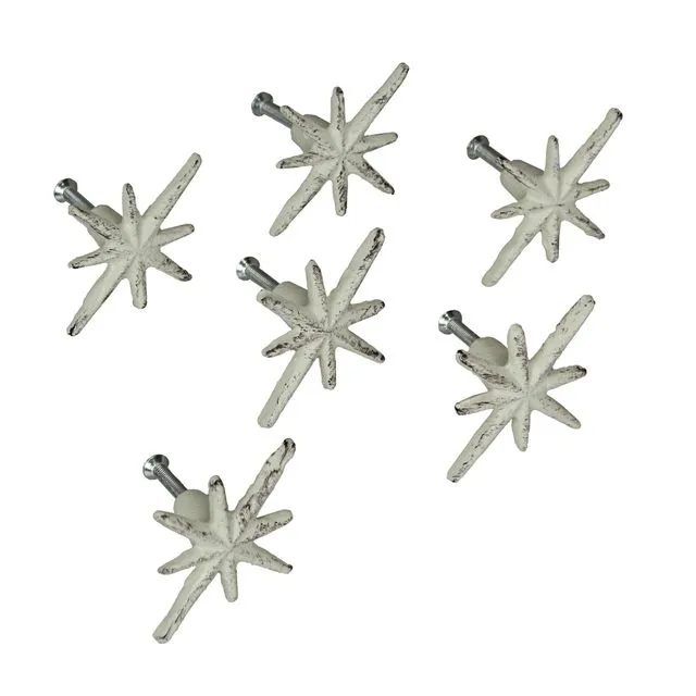 Set of 6 Antique White Finish Starburst Drawer Pulls