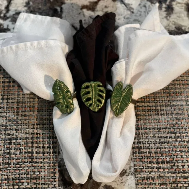 Set of 6 Green Bronze Cast Iron Tropical Leaf Napkin Rings