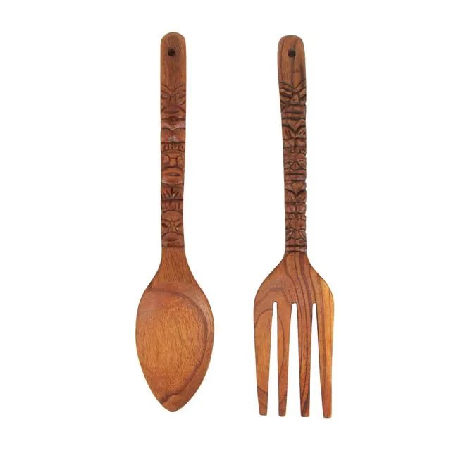 Triple Tiki Carved Spoon &amp; Fork Set - 16"