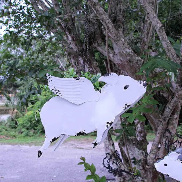 White Painted Metal Flying Pig Hanging Planter