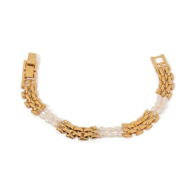 18K Gold Pearl Chain Bracelet | Gold Plated Brass