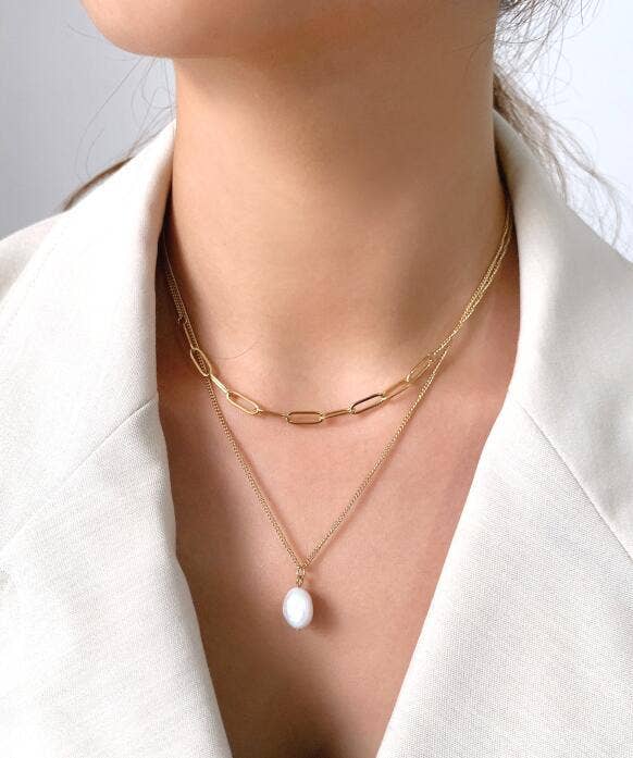 18K Gold Pearl Double Chain Necklace | 316L Stainless Steel
