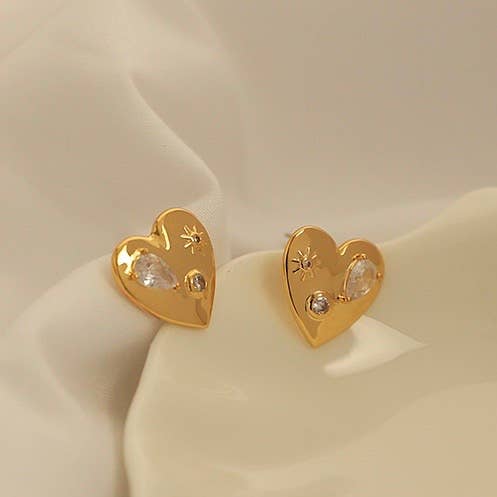 18k Gold Plated Heart Zircon Earring| Gold Plated Brass