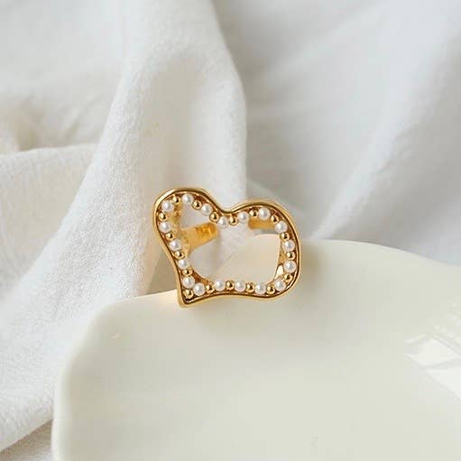 Little Pearl Heart-Shape Ring|18k Gold Plated Brass Ring