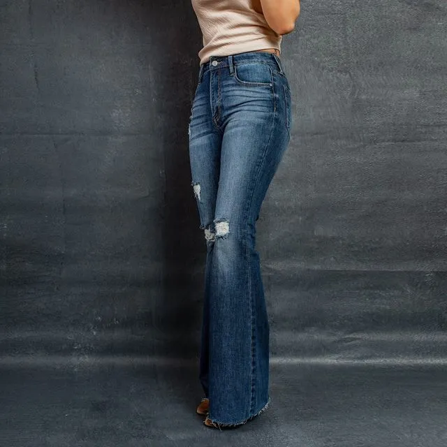High-Waisted Stretchy Distressed Jeans With Bell Bottoms