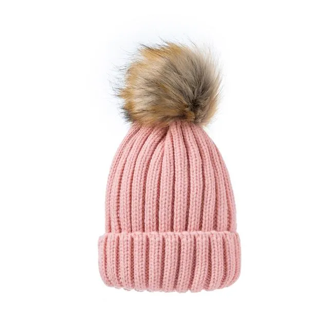 Solid Color Casual Fur Ball Warm Knit Hat Beanies - PINK