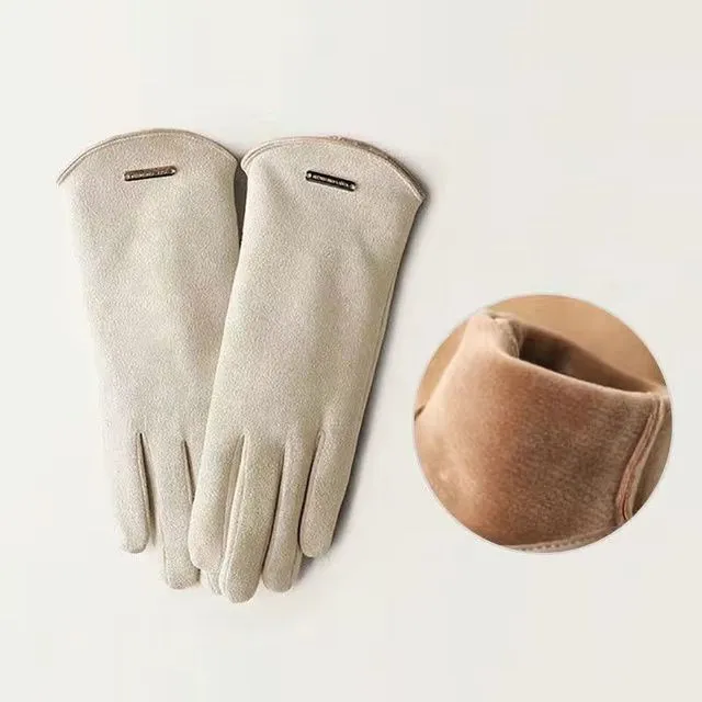 Solid Color Faux Suede Open Fingers Winter Gloves - CREAMY