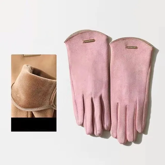 Solid Color Faux Suede Open Fingers Winter Gloves - PINK