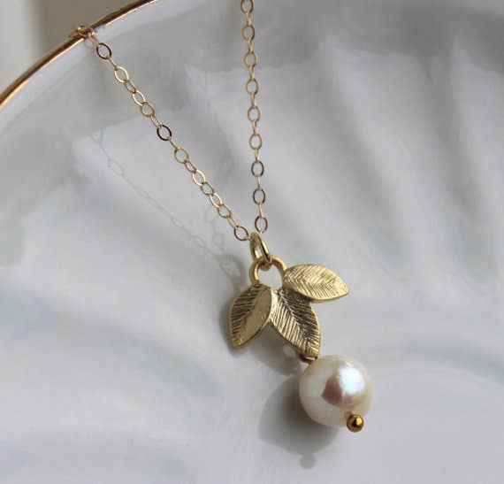 White Freshwater Pearl Gold Leaf Necklace