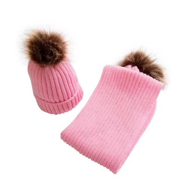 Baby Warm Knitted Beanie Hat And Scarf Two Pieces Set - PINK