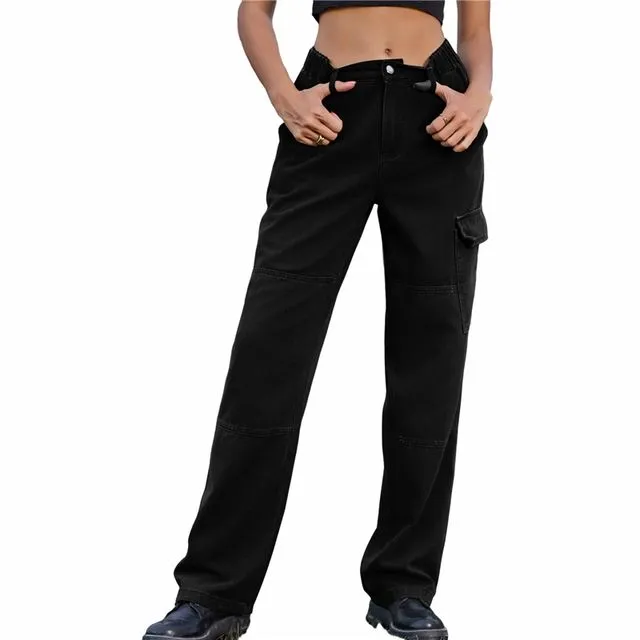 Elasticated Waist Pocket Straight-Leg Jeans - BLACK