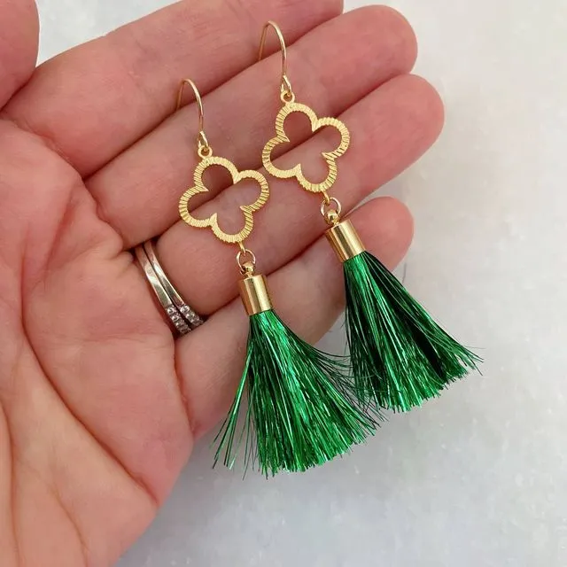 St Patrick's Day Jewelry Earrings, Green Clover Quatrefoil