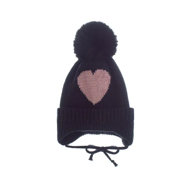 Kids Heart Jacquard Tied Warm Knitted Beanie Hat - BLACK