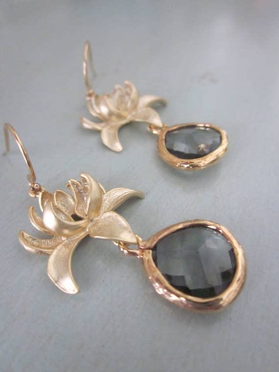 Charcoal Gray Earrings Gold Blossoms
