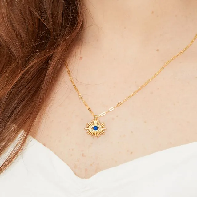 Blue CZ Evil Eye 24kt Gold Plated Art Deco Eye on delicate paper clip chain