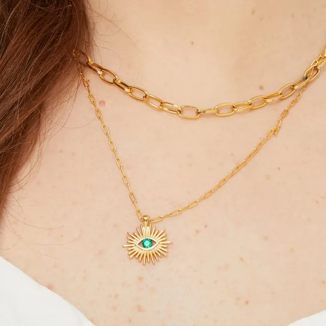 Layered Evil Eye 24kt Gold Plated Green CZ on delicate paper clip and chunky chain